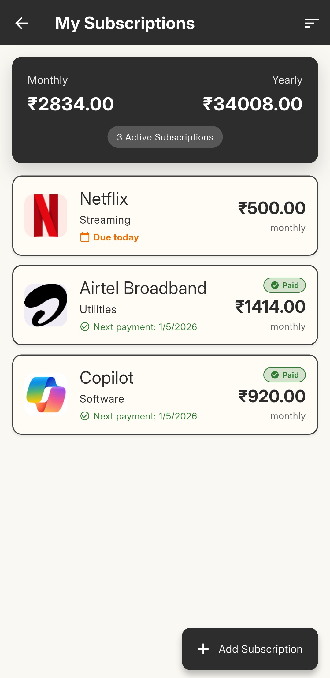 Xpense Pro subscriptions screen
